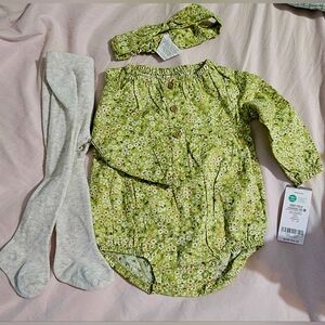 Little girl outfit with head bad, green, floral